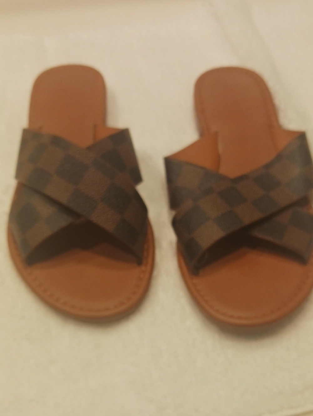 Womens Brown Cross Strap Slide Sandals